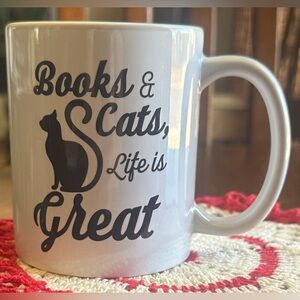 Books & Cats Life Is Great Coffee Mug Cat Lover Reader Gift Cup